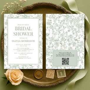 Sage Green Vintage French QR Code Bridal Shower Invitation