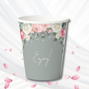 Sage Green Vintage Garden Roses Baby Shower Paper Cups