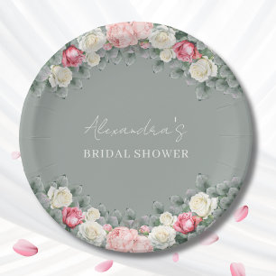 Sage Green Vintage Garden Roses Bridal Shower Paper Plate