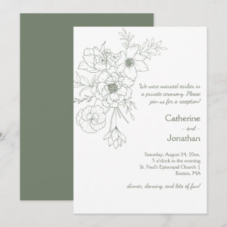 Sage Green Vintage Line Drawn Bouquet Reception Invitation