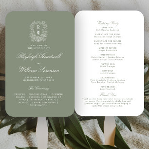 Sage Green Vintage Monogram Crest Wedding Program Hand Fan