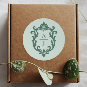 Sage Green Vintage Ornate Crest Wedding Classic Round Sticker