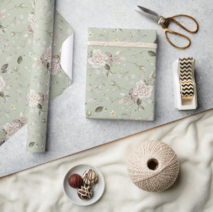 Sage Green Vintage Rose Floral Wrapping Paper