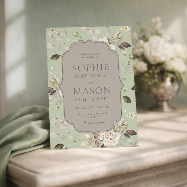Sage Green Vintage Rose Wedding Invitation (Creator Uploaded)