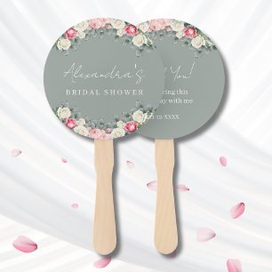 Sage Green Vintage Roses Bridal Shower Thank You Hand Fan