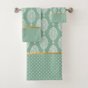 SAGE GREEN VINTAGE SPOT GOLD BATHROOM TOWEL SET