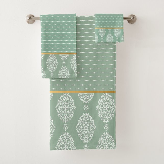 SAGE GREEN VINTAGE STRIPE BATHROOM TOWEL SET (Insitu)