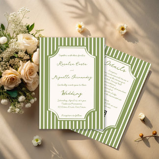 Sage green vintage stripes all in one wedding invitation