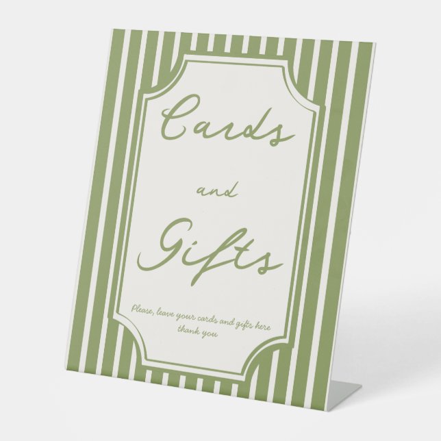 Sage green vintage stripes wedding gift table sign (Front)