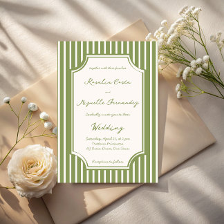 Sage green vintage stripes wedding invitation
