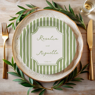 Sage green vintage stripes wedding personalised paper plate