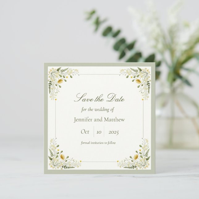 Sage Green Vintage Wildflowers Save the Date Invitation (Standing Front)