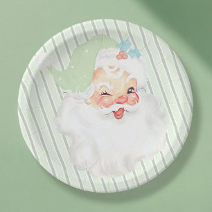Sage Green Vintage Winking Santa Christmas Party Paper Plate