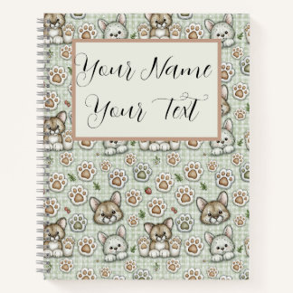 Sage Green Warm Taupe Custom Name Gingham Paw Notebook