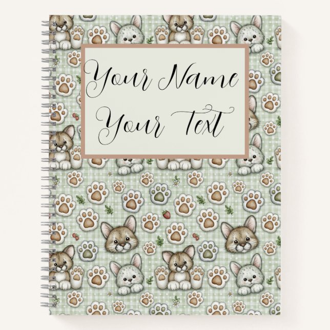 Sage Green Warm Taupe Custom Name  Gingham Paw Notebook (Front)