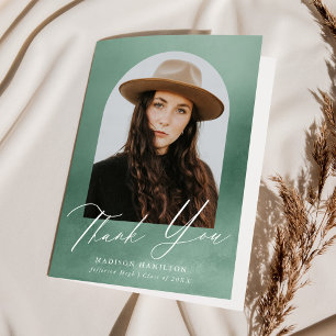 Sage Green Watercolor Arch Photo Graduation Thank You Card