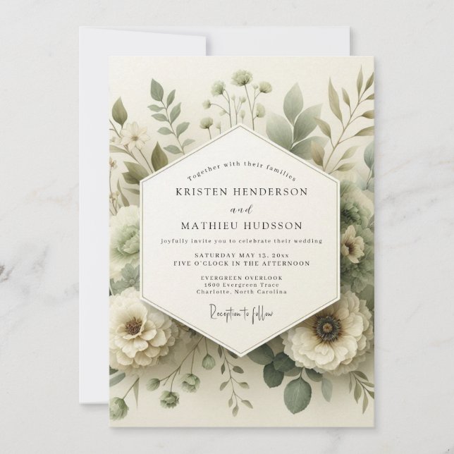 Sage Green Watercolor Bloom Wedding Invitation (Front)