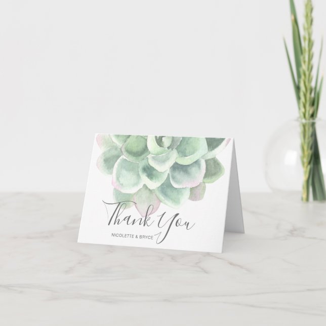 Sage Green Watercolor Botanical Succulent Wedding Thank You Card (Front)