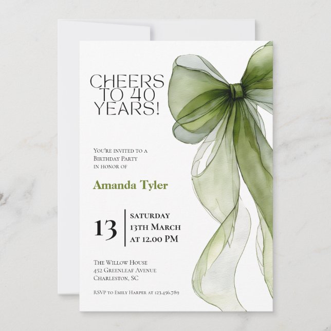 Sage Green Watercolor Bow 40th Birthday Invitation (Front)