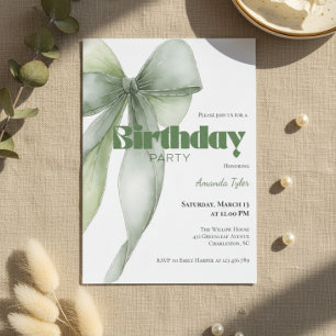 Sage Green Watercolor Bow Birthday  Invitation