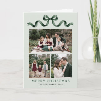Sage Green Watercolor Bow Folded Christmas Photo Card