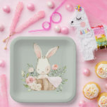 Sage Green Watercolor Bunny Rabbit Paper Plates<br><div class="desc">Sage green paper plate with a sweet watercolor bunny in a basket and is perfect for your baby shower..  The colours are soft and delicate.  The bunny rabbit adds a sweetness to this plate.  Transfer this pattern to other products.  Perfect for your special day.</div>