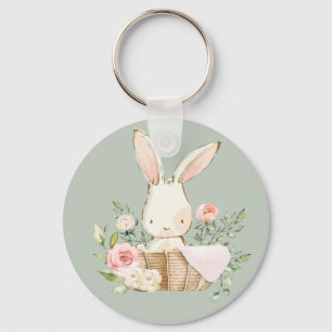 Sage Green Watercolor Bunny Rabbit Woodland  Key Ring