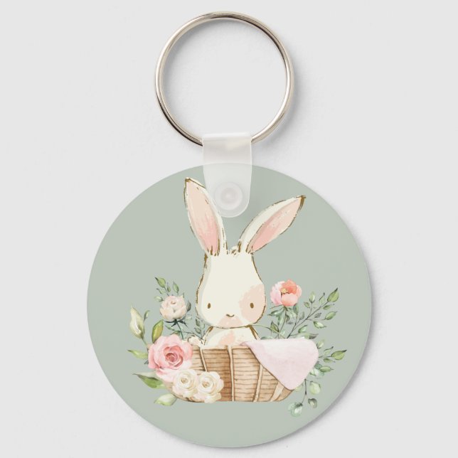 Sage Green Watercolor Bunny Rabbit Woodland  Key Ring (Front)