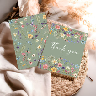 Sage Green Watercolor Butterfly & Wildflower  Thank You Card