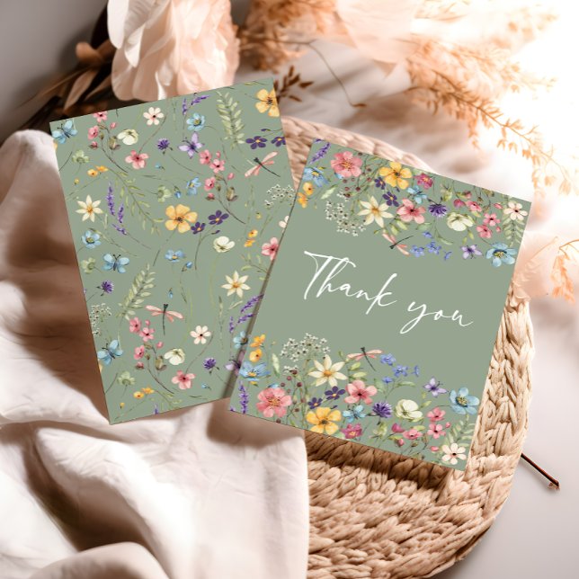 Sage Green Watercolor Butterfly & Wildflower  Thank You Card (Creator Uploaded)
