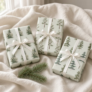 Sage Green Watercolor Christmas Pine Trees Wrapping Paper Sheet