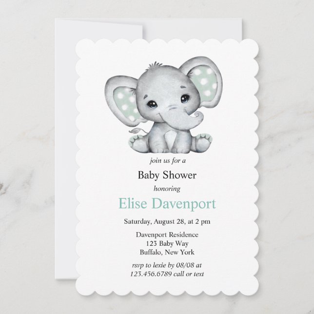 Sage Green Watercolor Elephant Baby Shower Invitation (Front)