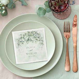 Sage Green Watercolor Eucalyptus Leaves Wedding Napkin