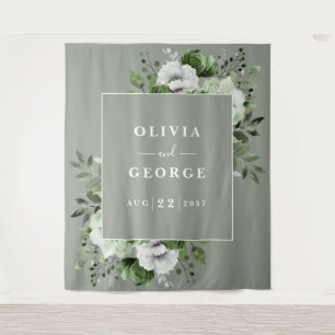 Sage Green Watercolor Floral Photo Booth Backdrop Tapestry