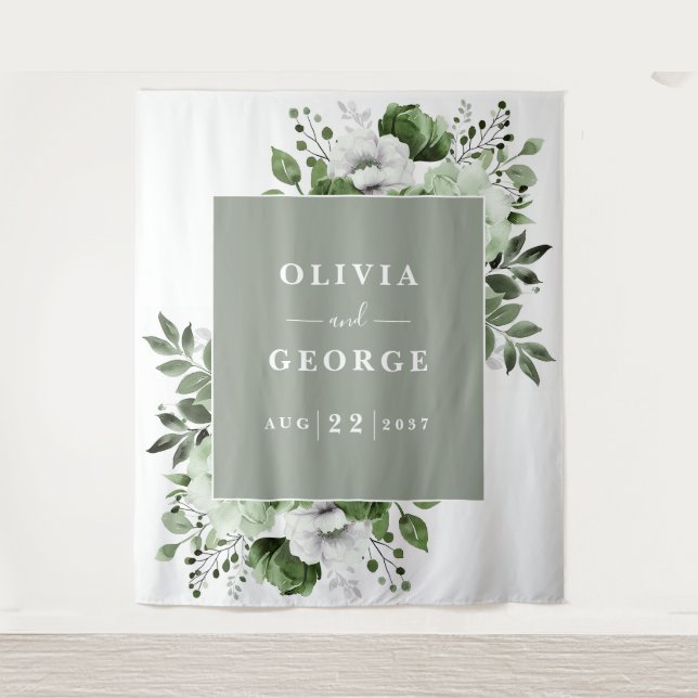 Sage Green Watercolor Floral Photo Booth Backdrop Tapestry (Front)