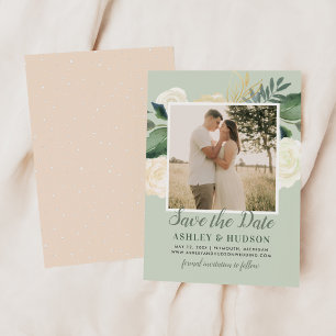 Sage Green Watercolor Floral Photo Wedding Save The Date