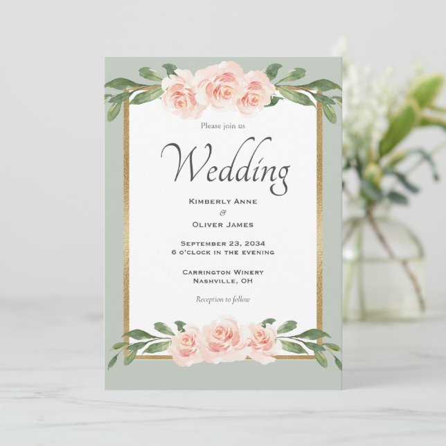 Sage Green Watercolor Floral Wedding Invitation (Standing Front)