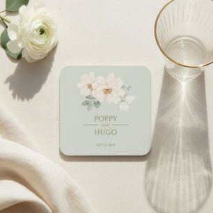 Sage Green Watercolor Floral Wedding Square Paper Coaster