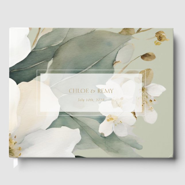 Sage Green Watercolor Flower & Foliage Wedding  Guest Book (Front)