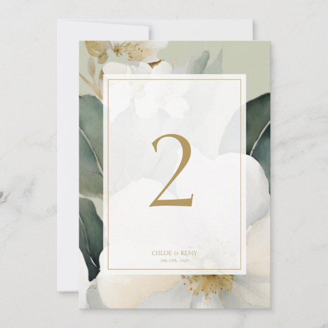 Sage Green Watercolor Flower Wedding Table Number (Front)