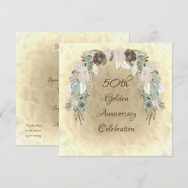 Sage Green Watercolor Flowers Golden Wedding Invitation (Front/Back)