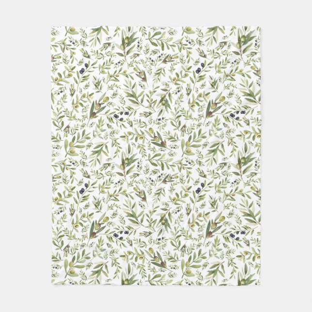 Sage Green Watercolor French Country Chic Olives Fleece Blanket (Front)