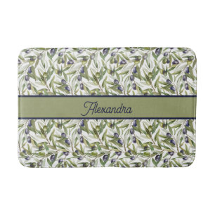 Sage Green Watercolor French Country Olive Name Bath Mat