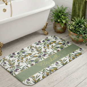 Sage Green Watercolor French Country Olive Pattern Bath Mat
