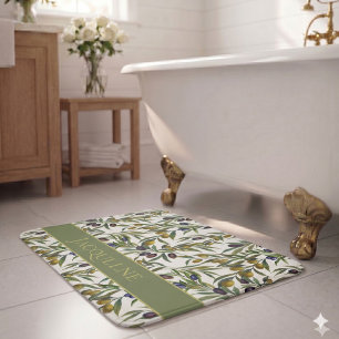 Sage Green Watercolor French Country Olive Pattern Bath Mat