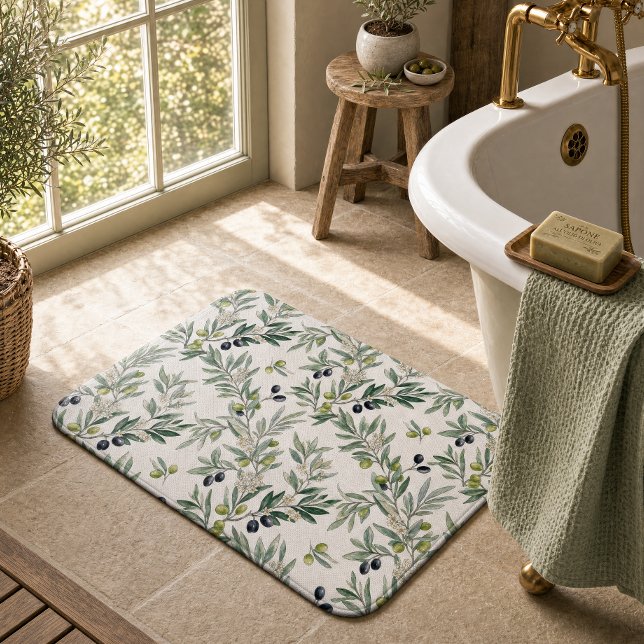 Sage Green Watercolor French Country Olive Pattern Bath Mat (Creator Uploaded)