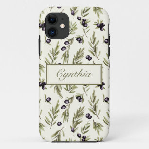 Sage Green Watercolor French Country Olive Pattern iPhone 11 Case