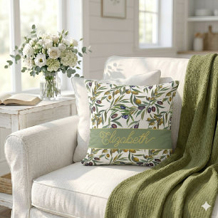 Sage Green Watercolor French Country Olive Pattern Cushion