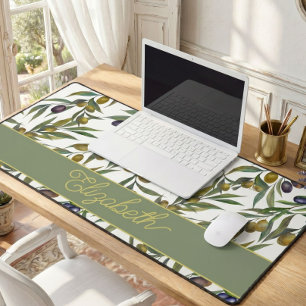 Sage Green Watercolor French Country Olive Pattern Desk Mat