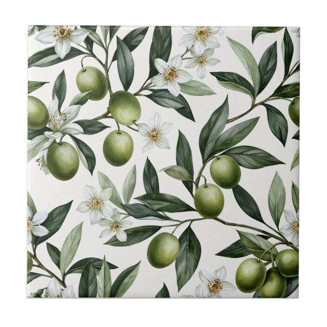 Sage Green Watercolor French Country Olive Pattern Tile (Front)